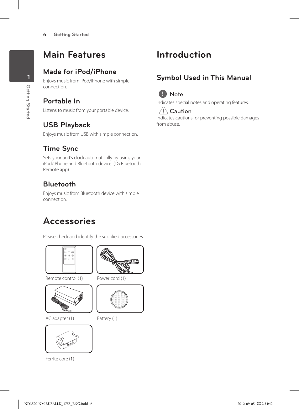 Main features, Made for ipod/iphone, Portable in | Usb playback, Time sync, Bluetooth, Accessories, Introduction, Symbol used in this manual, 6 accessories 6 introduction 6 | LG ND3520 User Manual | Page 6 / 24
