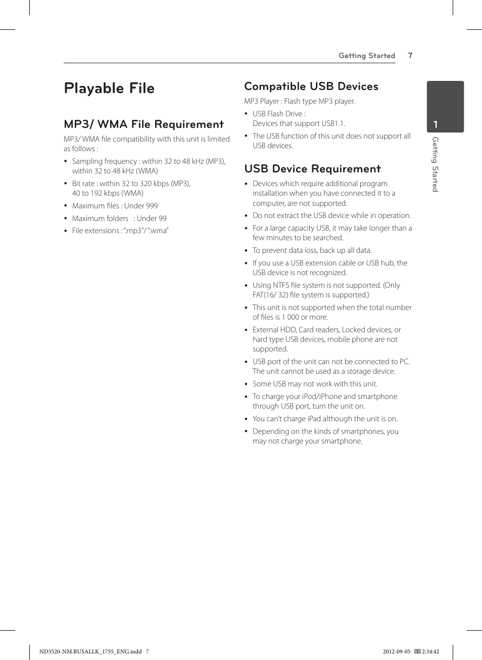 Playable file, Mp3/ wma file requirement, Compatible usb devices | Usb device requirement | LG ND3520 User Manual | Page 7 / 24