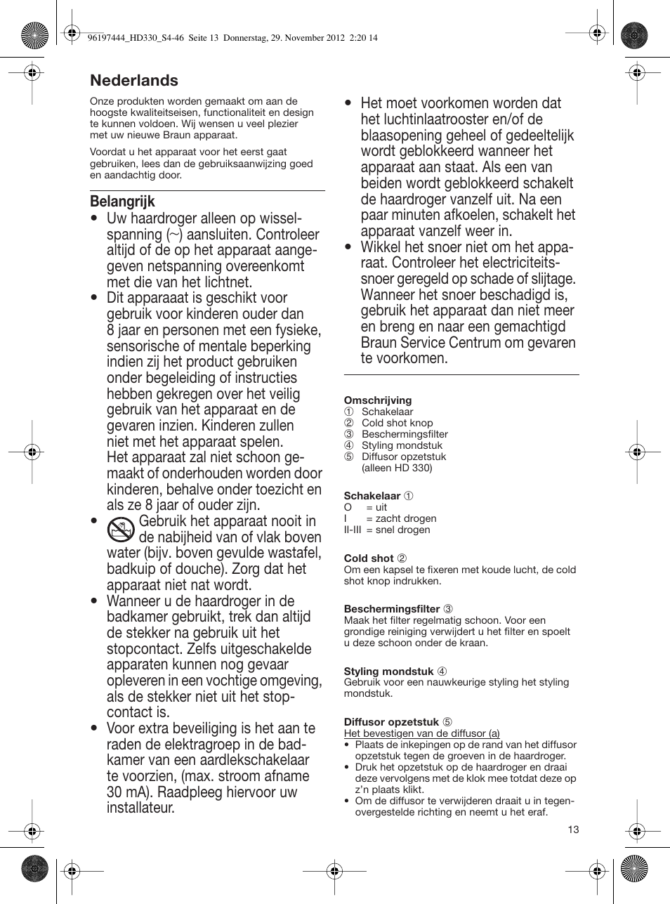 Nederlands | Braun HD310 Satin Hair 3 User Manual | Page 13 / 45