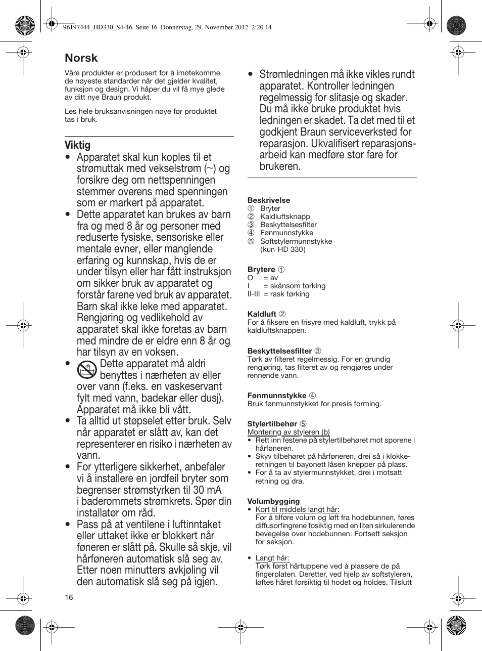 Norsk | Braun HD310 Satin Hair 3 User Manual | Page 16 / 45