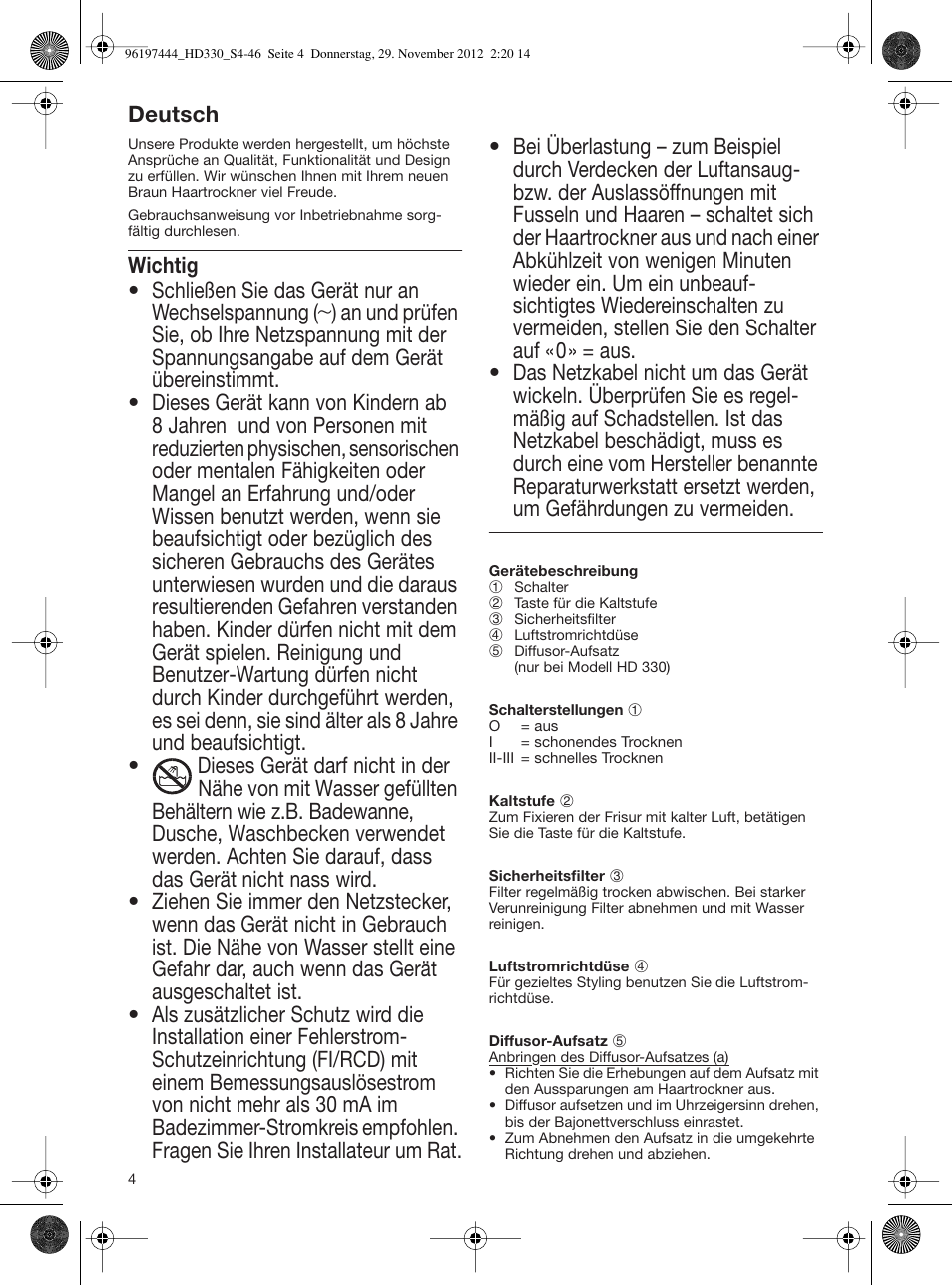 96197444_hd330_s4-46, Deutsch, Wichtig | Schließen sie das gerät nur an wechselspannung, Um gefährdungen zu vermeiden | Braun HD310 Satin Hair 3 User Manual | Page 4 / 45