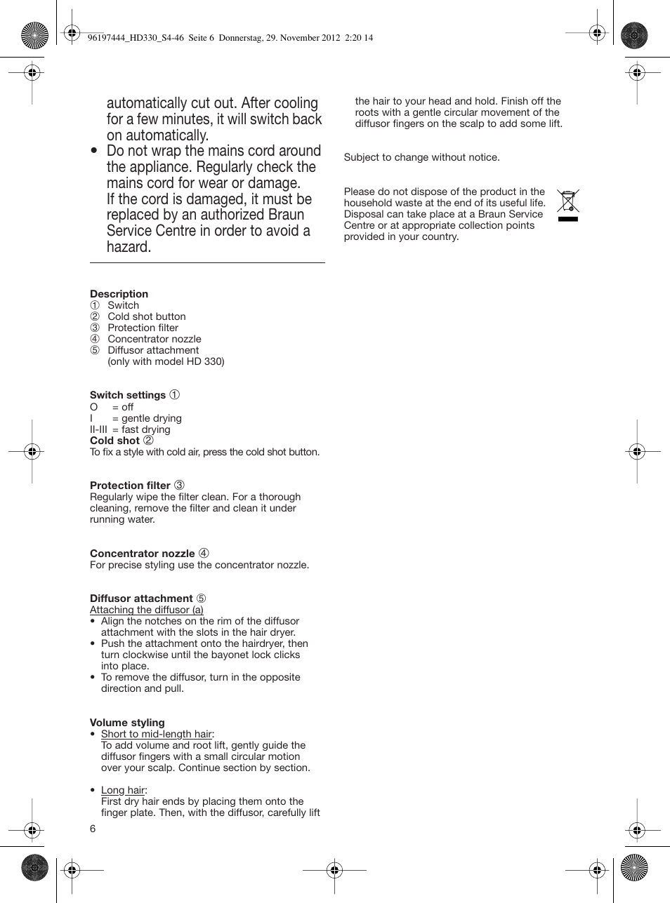 Hazard | Braun HD310 Satin Hair 3 User Manual | Page 6 / 45