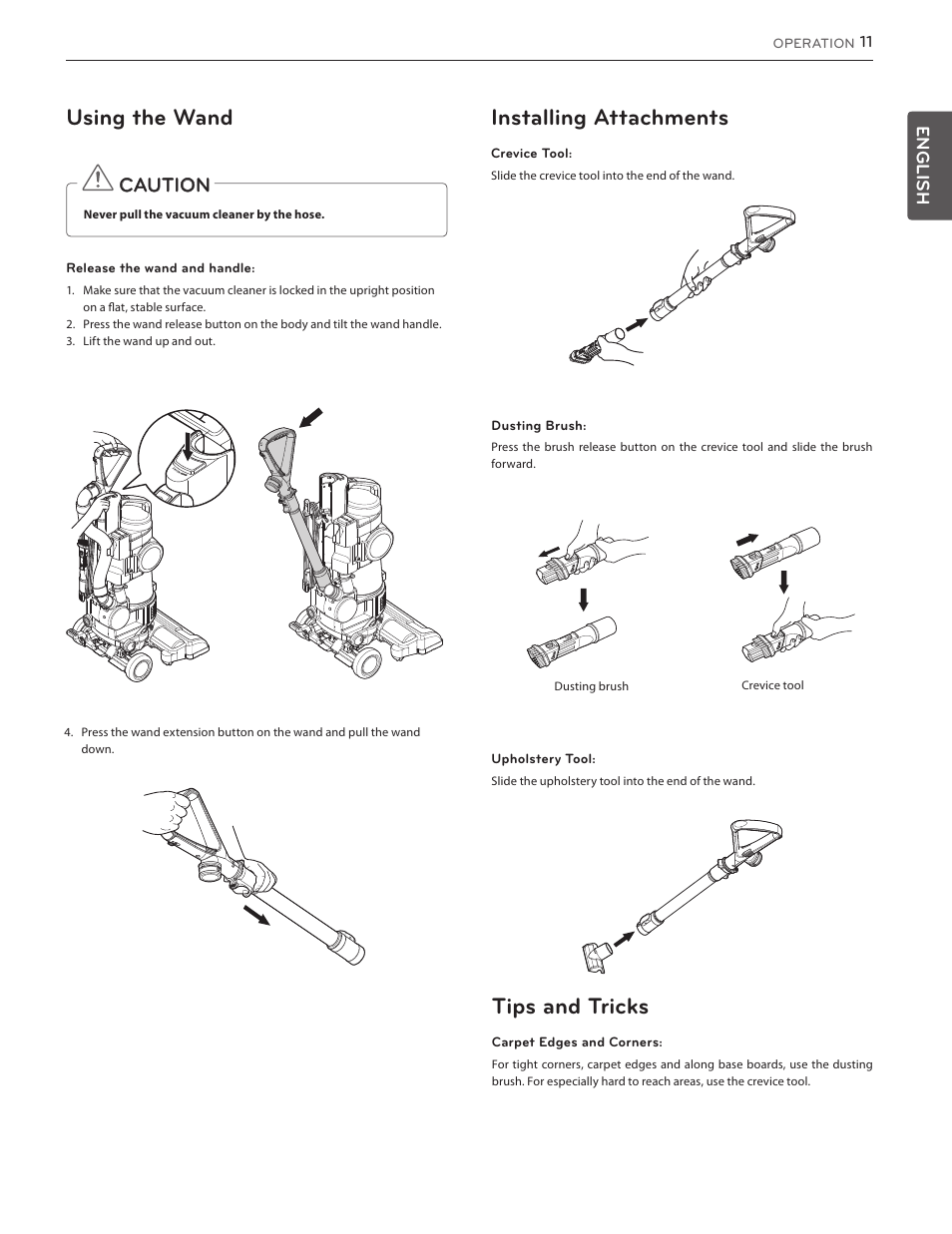 Using the wand, Installing attachments, Tips and tricks | Caution | LG LUV350P User Manual | Page 11 / 58