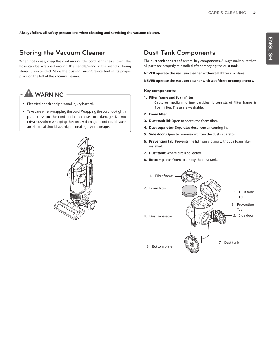 Storing the vacuum cleaner, Dust tank components, Warning | English | LG LUV350P User Manual | Page 13 / 58