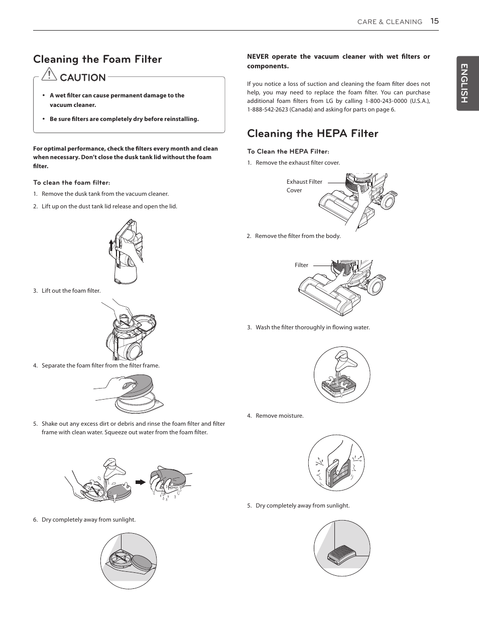 Cleaning the foam filter, Cleaning the hepa filter, Caution | English | LG LUV350P User Manual | Page 15 / 58