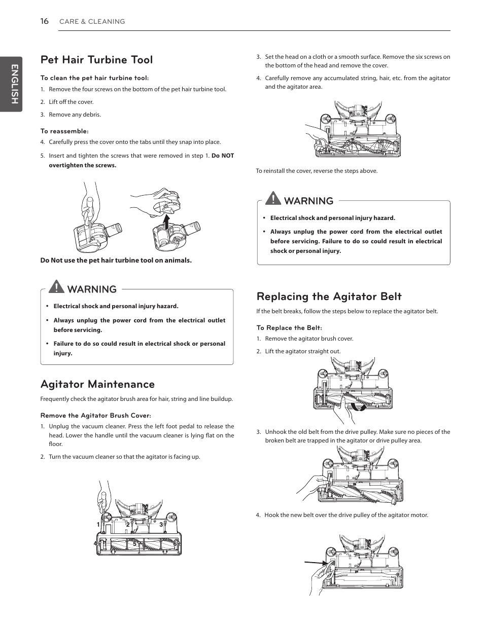 Pet hair turbine tool, Agitator maintenance, Replacing the agitator belt | Warning, English | LG LUV350P User Manual | Page 16 / 58