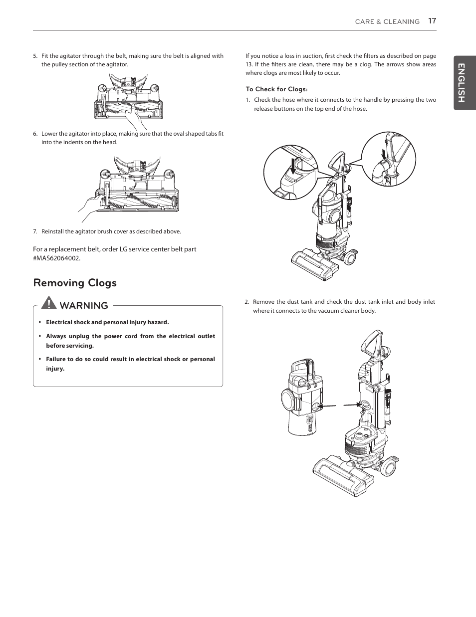Removing clogs, Warning, English | LG LUV350P User Manual | Page 17 / 58