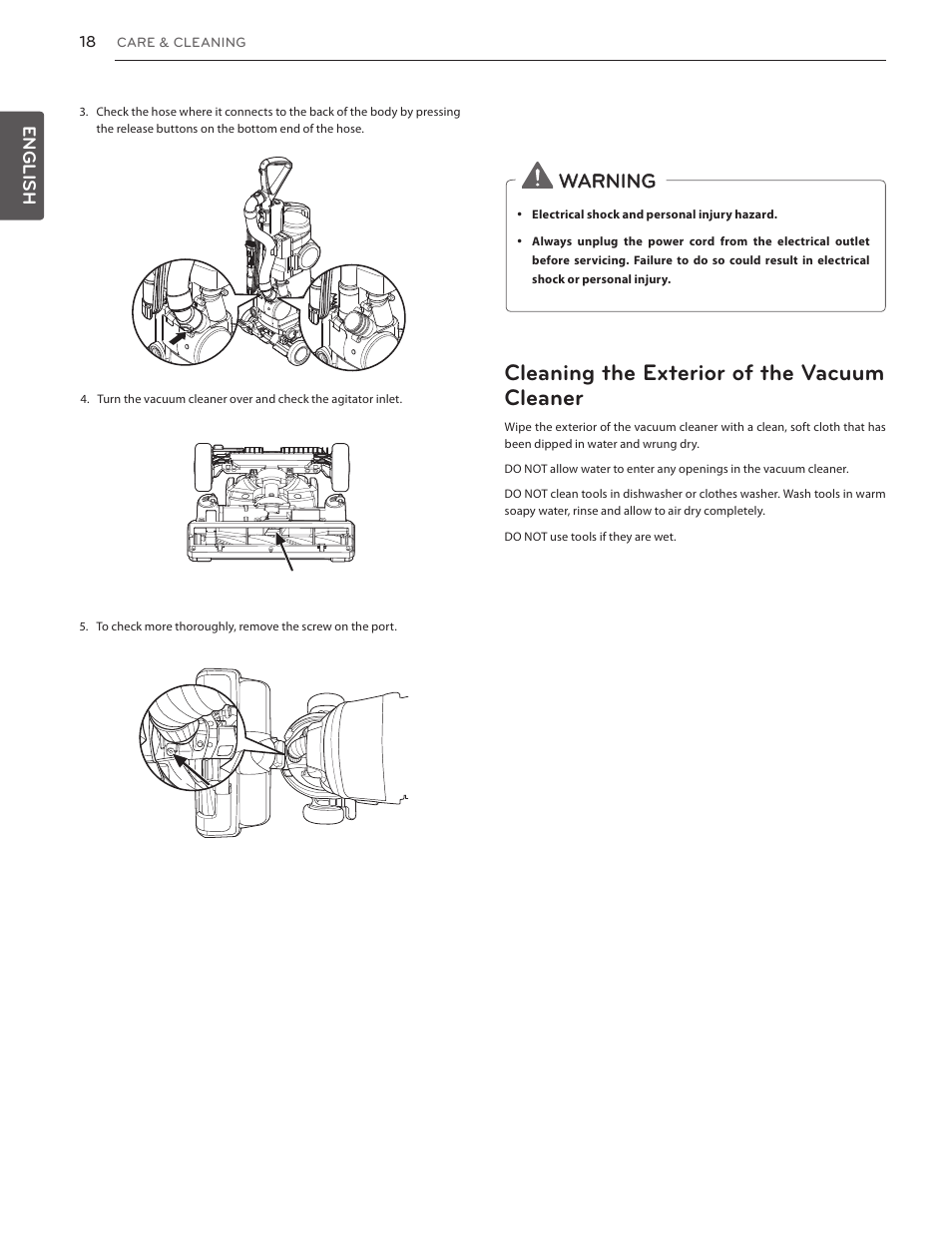 Cleaning the exterior of the vacuum cleaner, Warning, English | LG LUV350P User Manual | Page 18 / 58