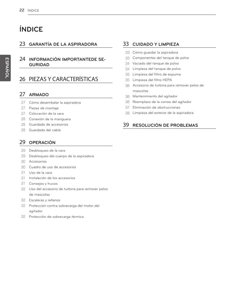 Índice, Garantía (ee. uu.), 26 piezas y características 27 | LG LUV350P User Manual | Page 21 / 58