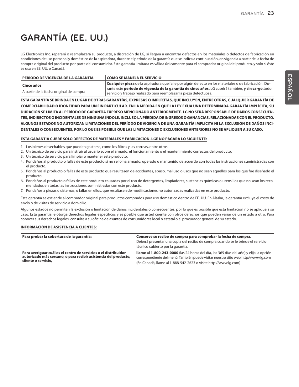 Garantía (ee. uu.), Esp añol | LG LUV350P User Manual | Page 22 / 58