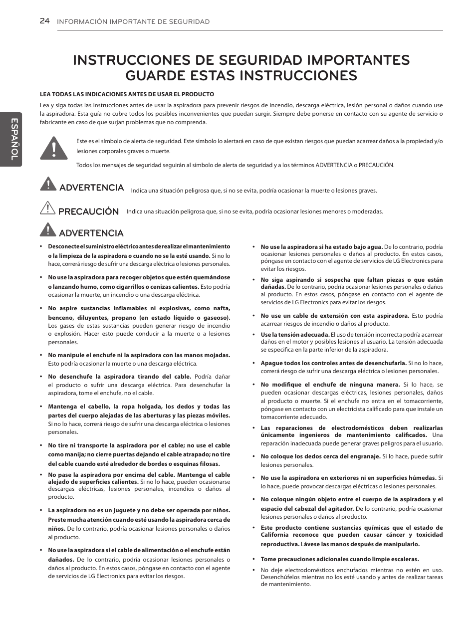Índice, 26 piezas y características 27, Esp añol | Advertencia, Precaución, Garantía de la aspiradora, Información importantede se- guridad, Armado, Operación, Cuidado y limpieza | LG LUV350P User Manual | Page 23 / 58