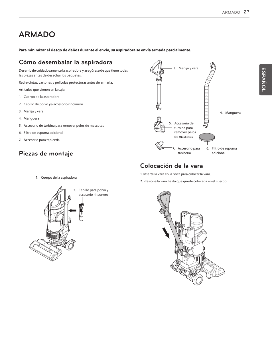 Armado, Garantía (ee. uu.), Cómo desembalar la aspiradora | Piezas de montaje, Colocación de la vara, Esp añol | LG LUV350P User Manual | Page 26 / 58