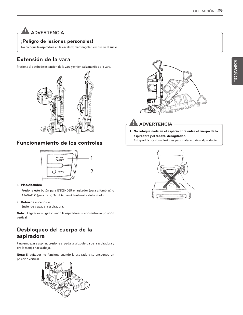 Garantía (ee. uu.), Extensión de la vara, Funcionamiento de los controles | Desbloqueo del cuerpo de la aspiradora, Peligro de lesiones personales | LG LUV350P User Manual | Page 28 / 58
