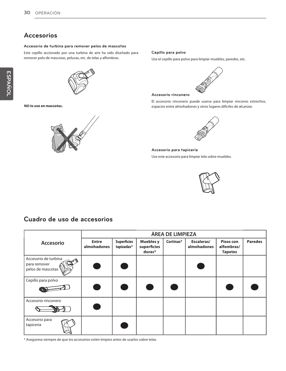 Índice, 26 piezas y características 27, Accesorios | Cuadro de uso de accesorios | LG LUV350P User Manual | Page 29 / 58