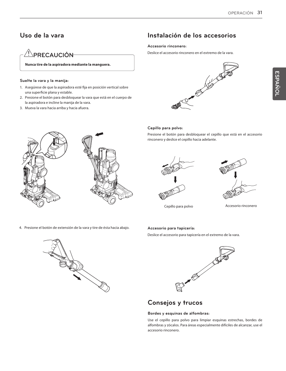 Garantía (ee. uu.), Uso de la vara, Instalación de los accesorios | Consejos y trucos, Precaución, Esp añol | LG LUV350P User Manual | Page 30 / 58