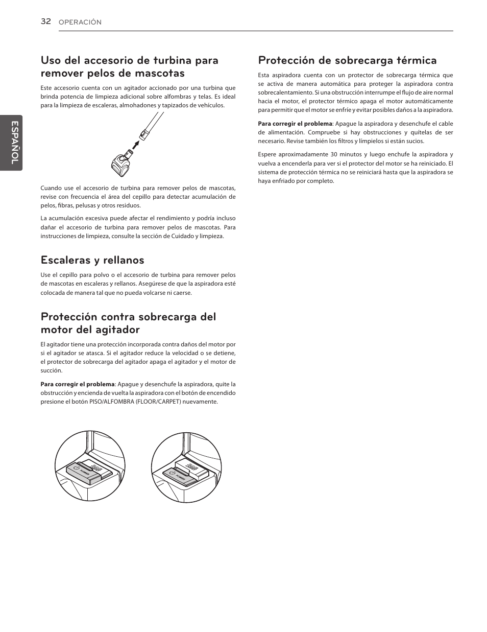 Índice, 26 piezas y características 27, Protección de sobrecarga térmica | Escaleras y rellanos | LG LUV350P User Manual | Page 31 / 58