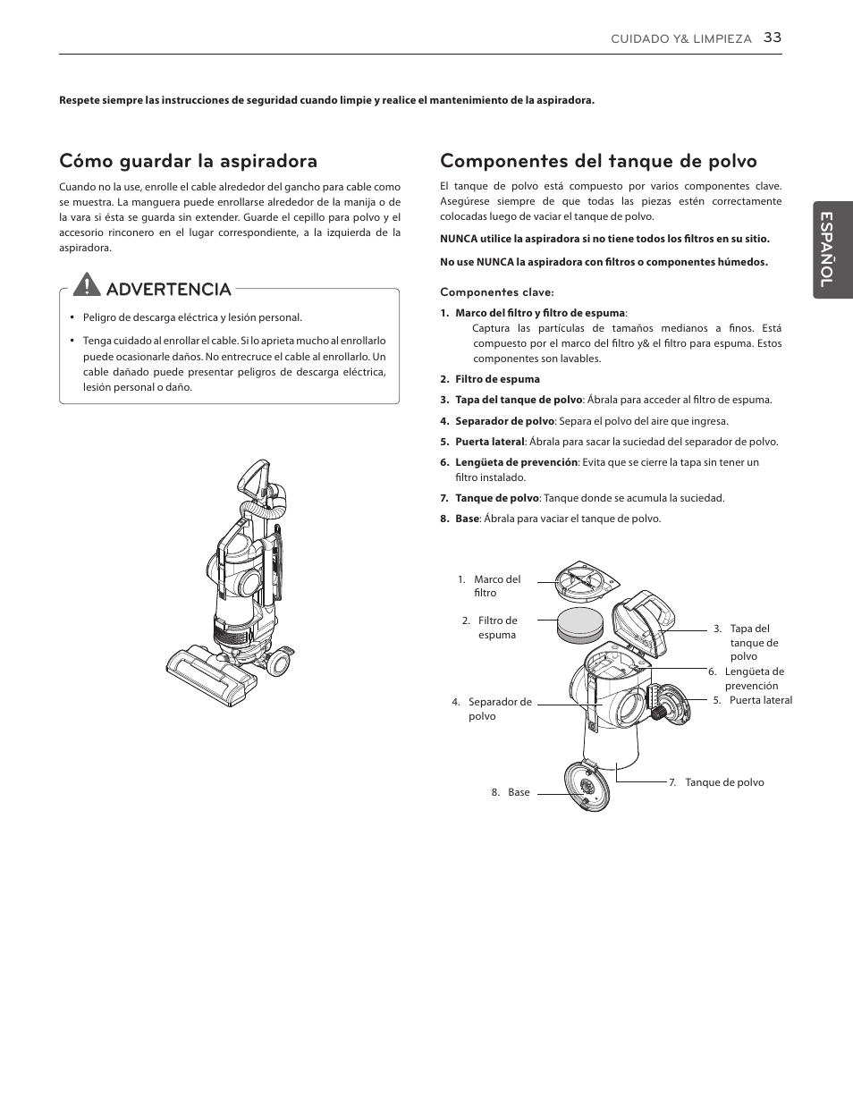 Garantía (ee. uu.), Cómo guardar la aspiradora, Componentes del tanque de polvo | Advertencia, Esp añol | LG LUV350P User Manual | Page 32 / 58