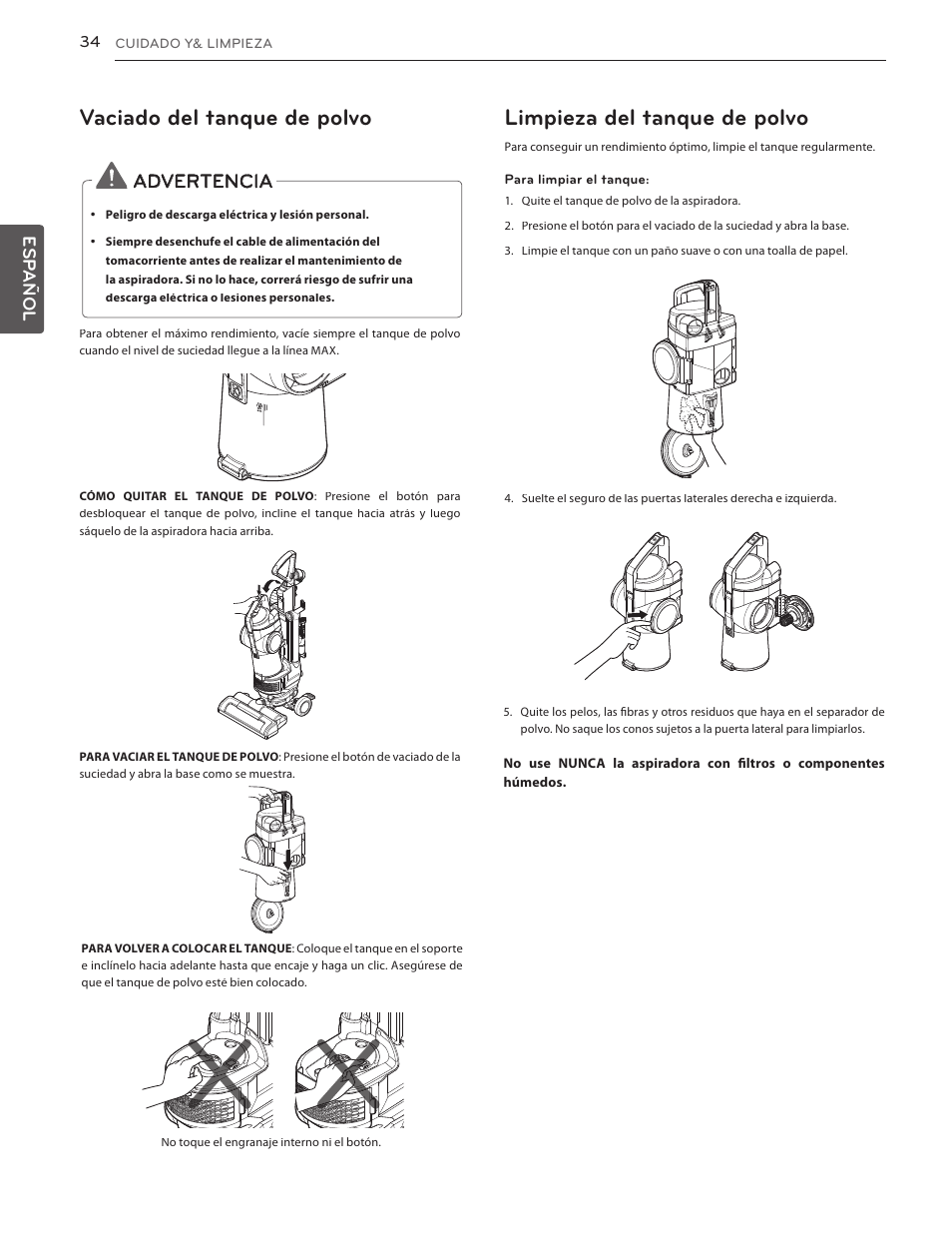 Índice, 26 piezas y características 27, Vaciado del tanque de polvo | Limpieza del tanque de polvo | LG LUV350P User Manual | Page 33 / 58