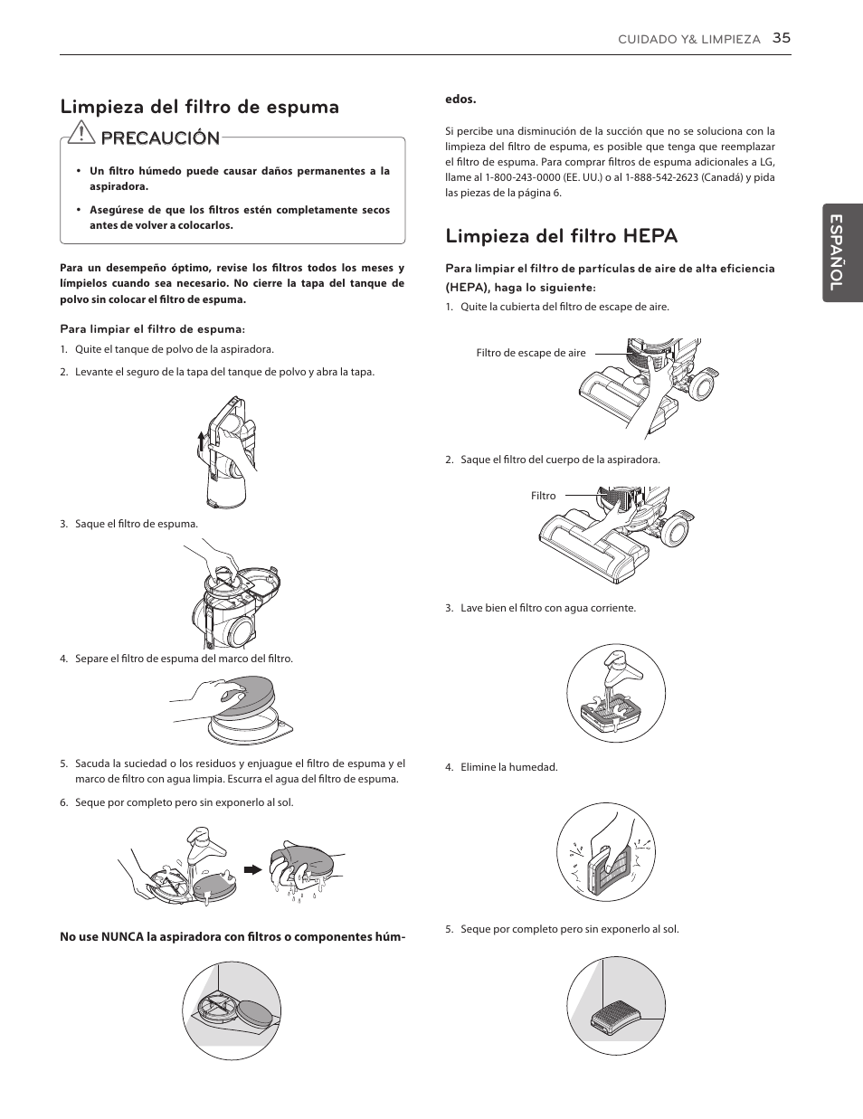 Garantía (ee. uu.), Limpieza del filtro de espuma, Limpieza del filtro hepa | Precaución, Esp añol | LG LUV350P User Manual | Page 34 / 58