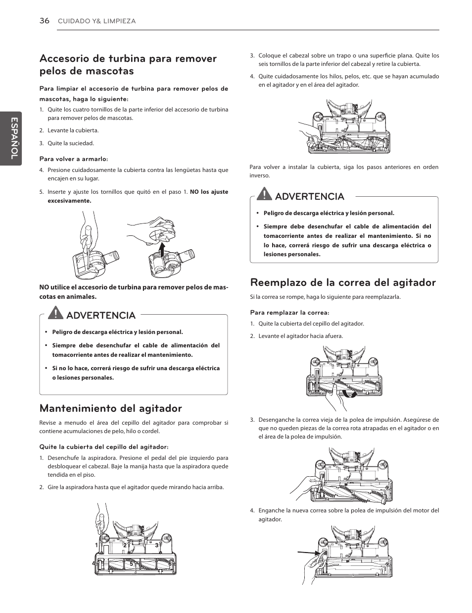 Índice, 26 piezas y características 27, Mantenimiento del agitador | Reemplazo de la correa del agitador, Advertencia | LG LUV350P User Manual | Page 35 / 58