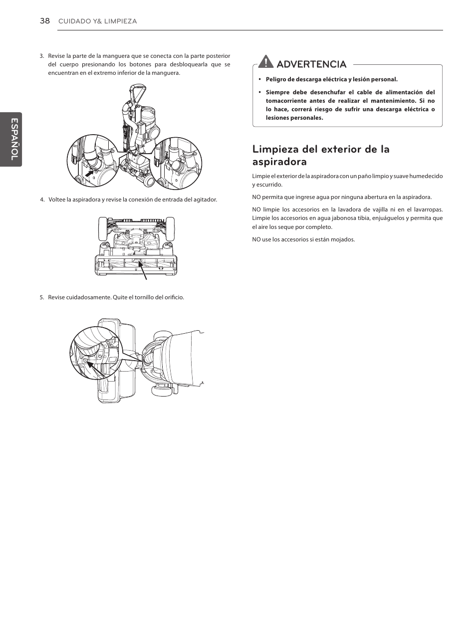 Índice, 26 piezas y características 27, Limpieza del exterior de la aspiradora | LG LUV350P User Manual | Page 37 / 58