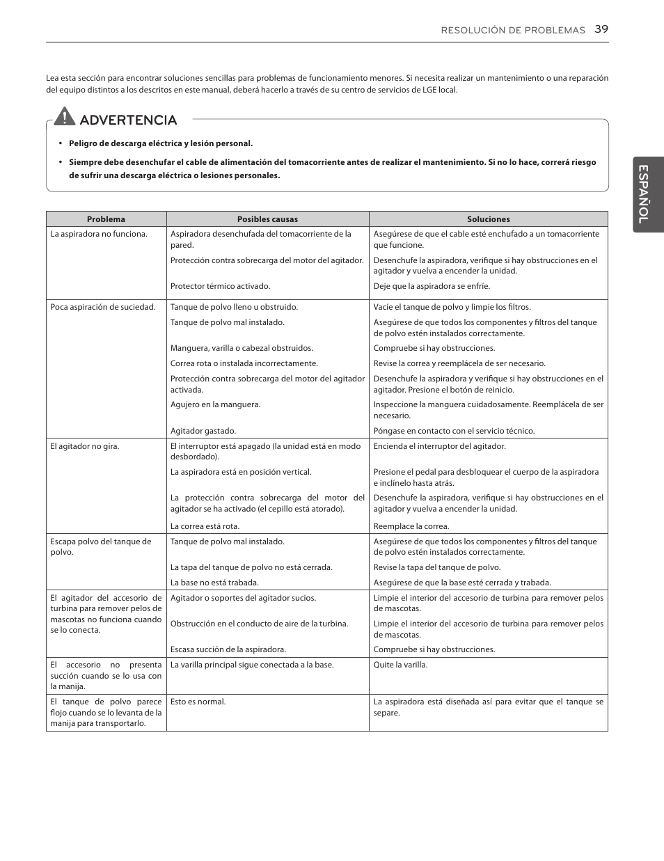 Garantía (ee. uu.), Limpieza del exterior de la aspiradora, Advertencia | Esp añol | LG LUV350P User Manual | Page 38 / 58