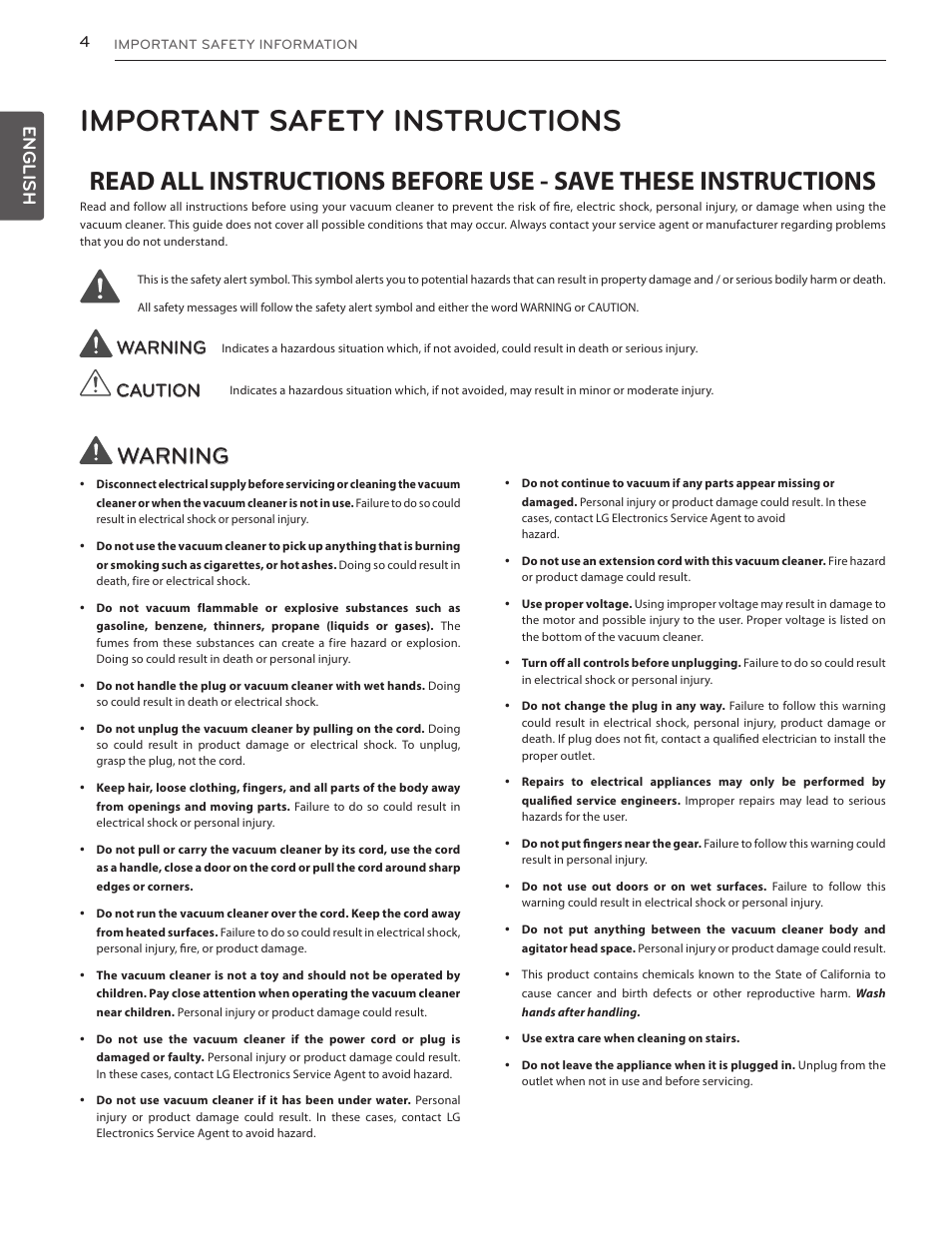 Important safety instructions, Warning, English | Caution | LG LUV350P User Manual | Page 4 / 58