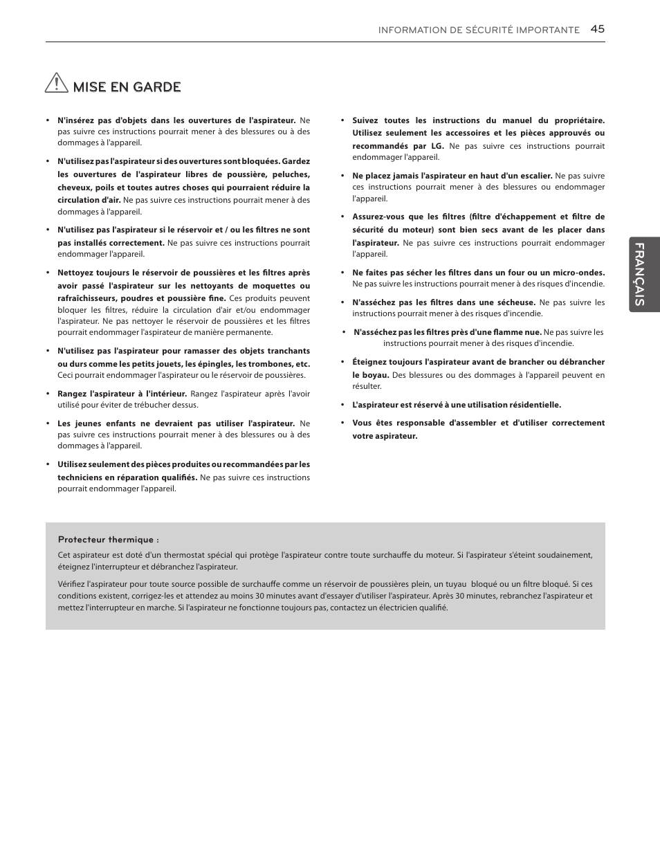 Garantie (é.-u.), Mise en garde, Esp añol | Advertencia, Precaución, Français | LG LUV350P User Manual | Page 43 / 58