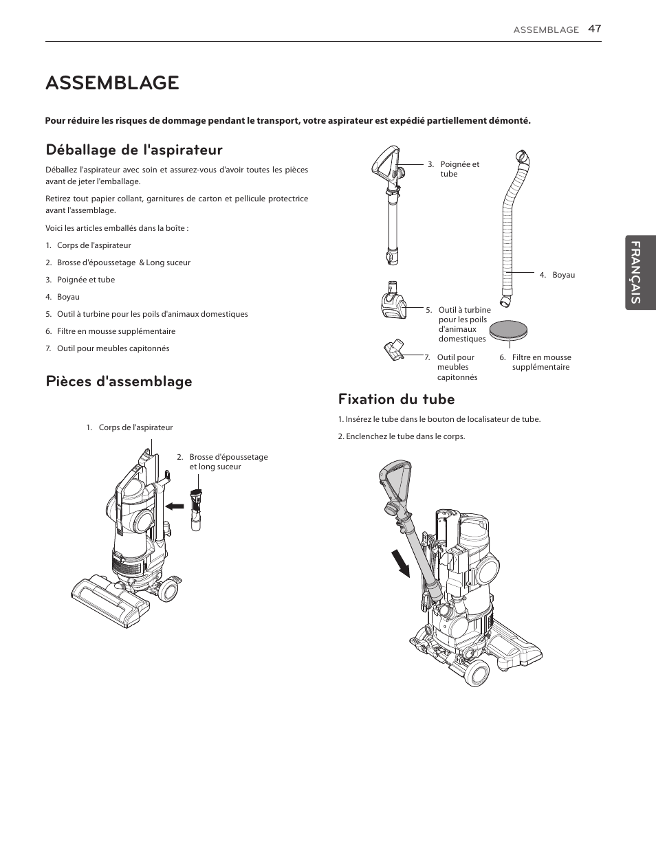 Assemblage, Garantie (é.-u.), Déballage de l'aspirateur | Pièces d'assemblage, Fixation du tube, Français | LG LUV350P User Manual | Page 45 / 58