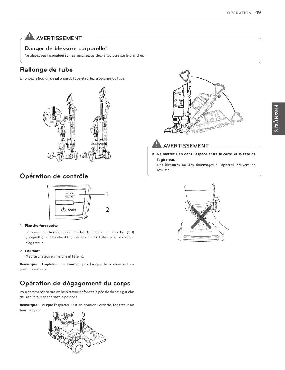 Garantie (é.-u.), Rallonge de tube, Opération de contrôle | Opération de dégagement du corps, Danger de blessure corporelle | LG LUV350P User Manual | Page 47 / 58