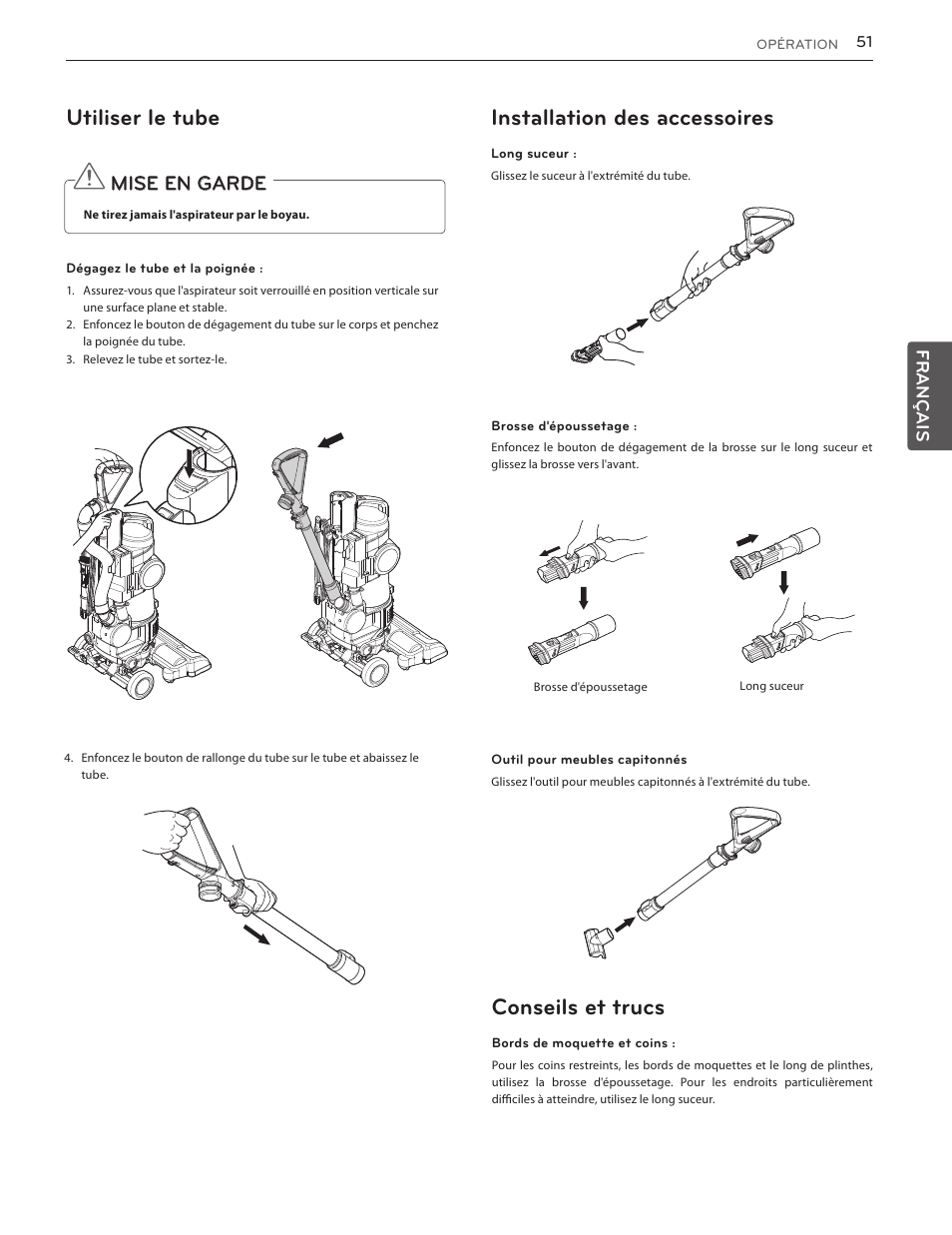 Garantie (é.-u.), Utiliser le tube, Installation des accessoires | Conseils et trucs, Mise en garde, Français | LG LUV350P User Manual | Page 49 / 58