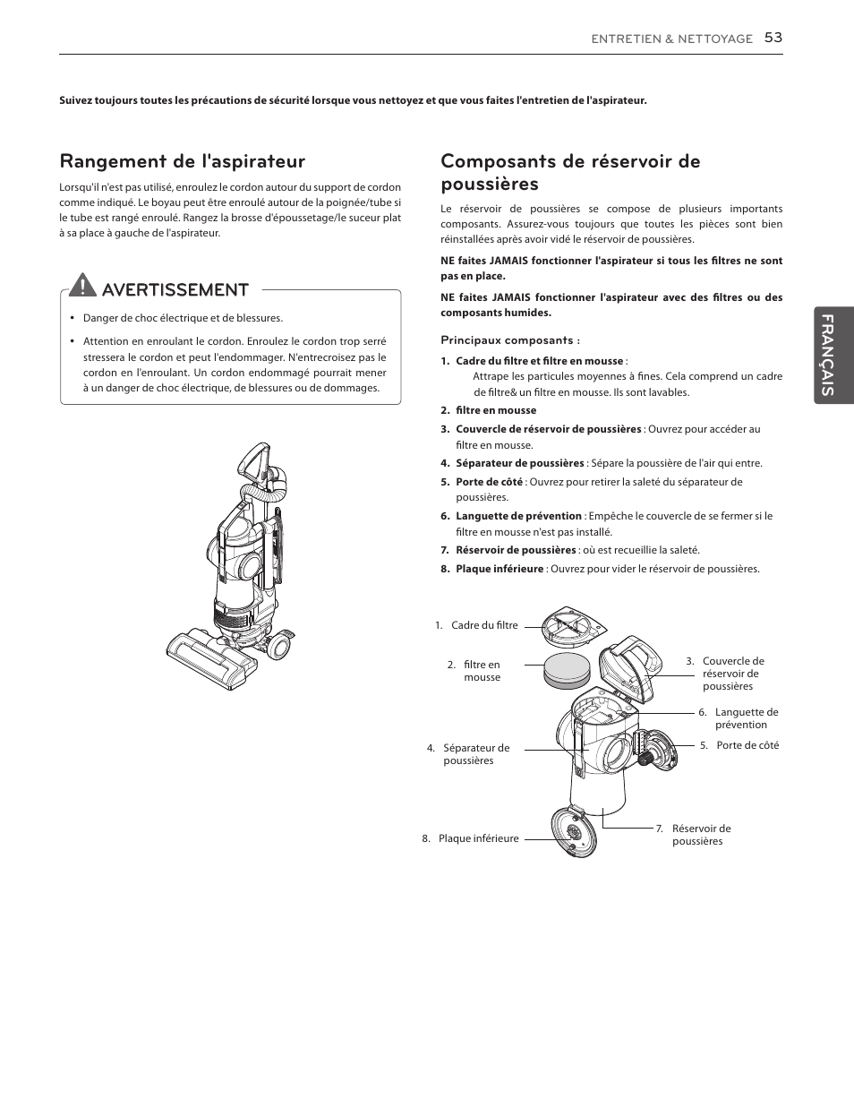 Garantie (é.-u.), Rangement de l'aspirateur, Composants de réservoir de poussières | Avertissement, Français | LG LUV350P User Manual | Page 51 / 58