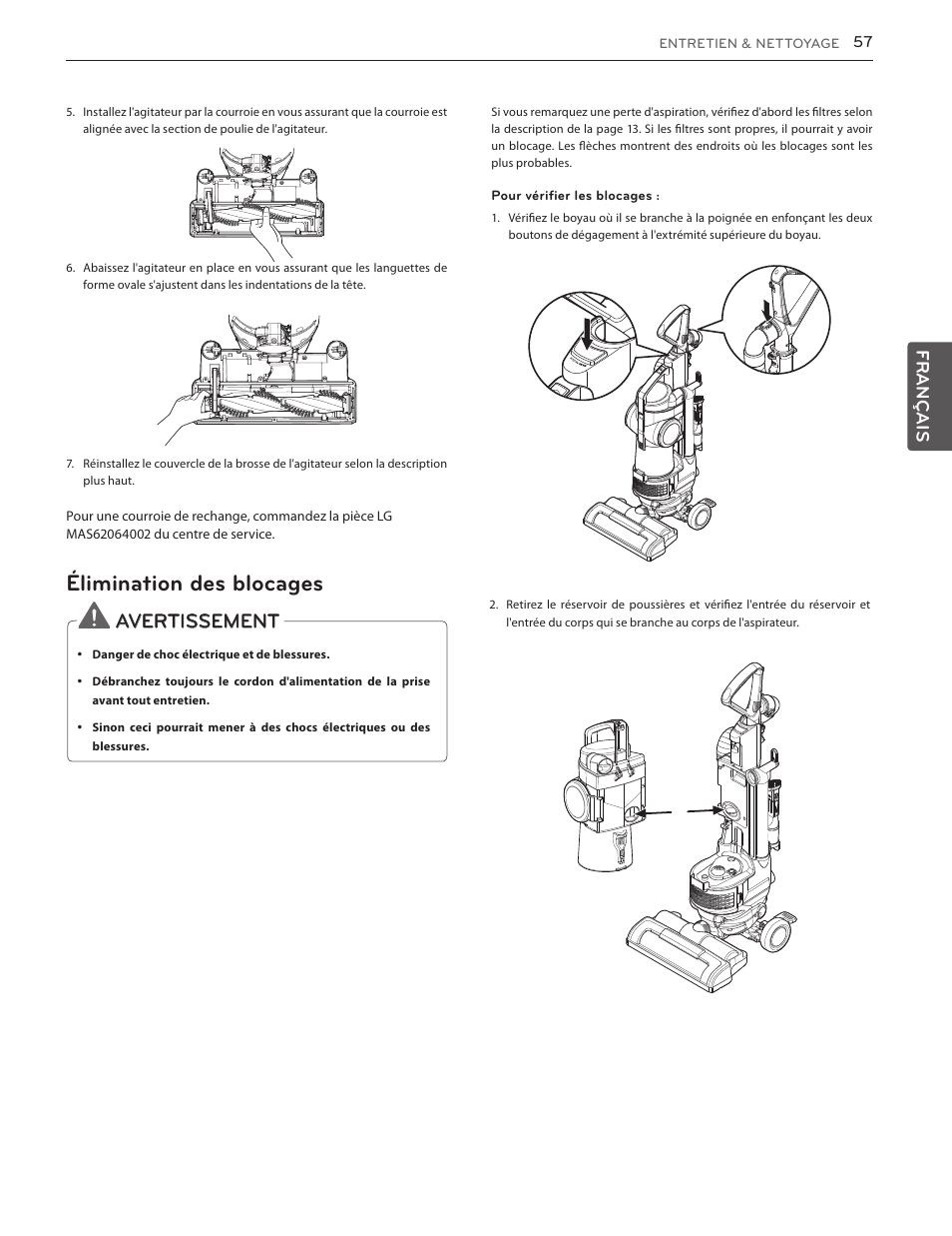 Garantie (é.-u.), Élimination des blocages, Avertissement | Français | LG LUV350P User Manual | Page 55 / 58