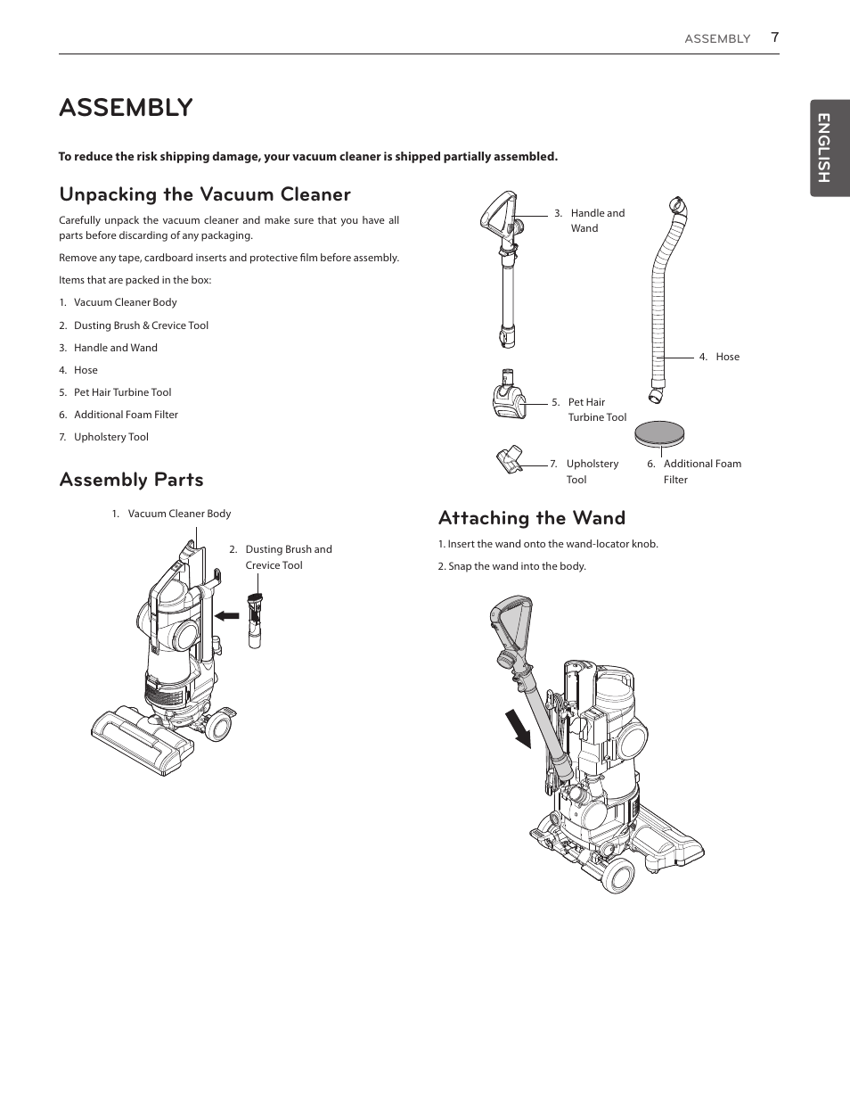 Assembly, Unpacking the vacuum cleaner, Assembly parts | Attaching the wand, English | LG LUV350P User Manual | Page 7 / 58