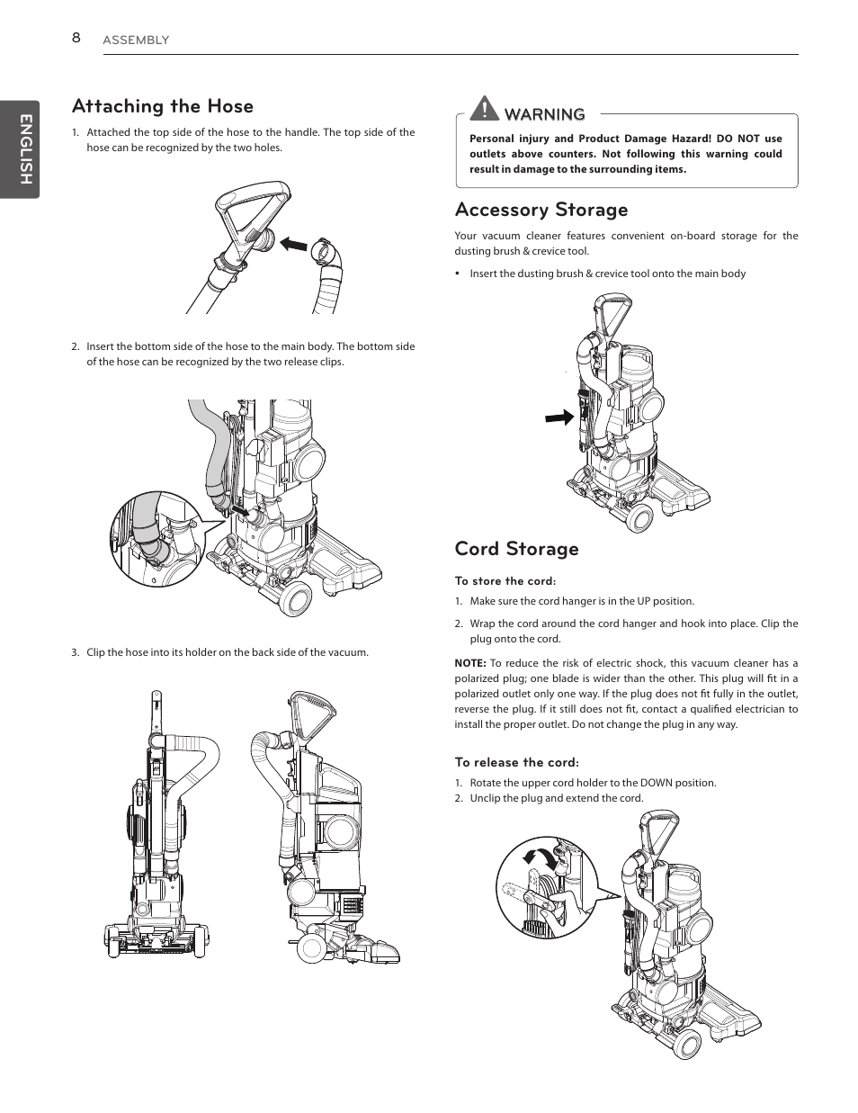 Attaching the hose, Accessory storage, Cord storage | English, Warning | LG LUV350P User Manual | Page 8 / 58