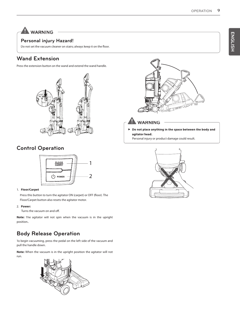 Wand extension, Control operation, Body release operation | LG LUV350P User Manual | Page 9 / 58