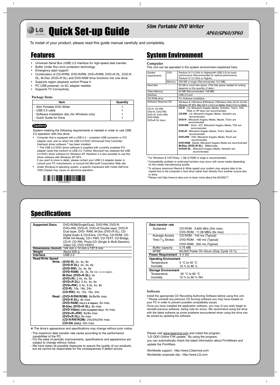 Quick set-up guide, Features, System environment | Specifications, Slim portable dvd writer | LG SP60NB50 User Manual | Page 3 / 4