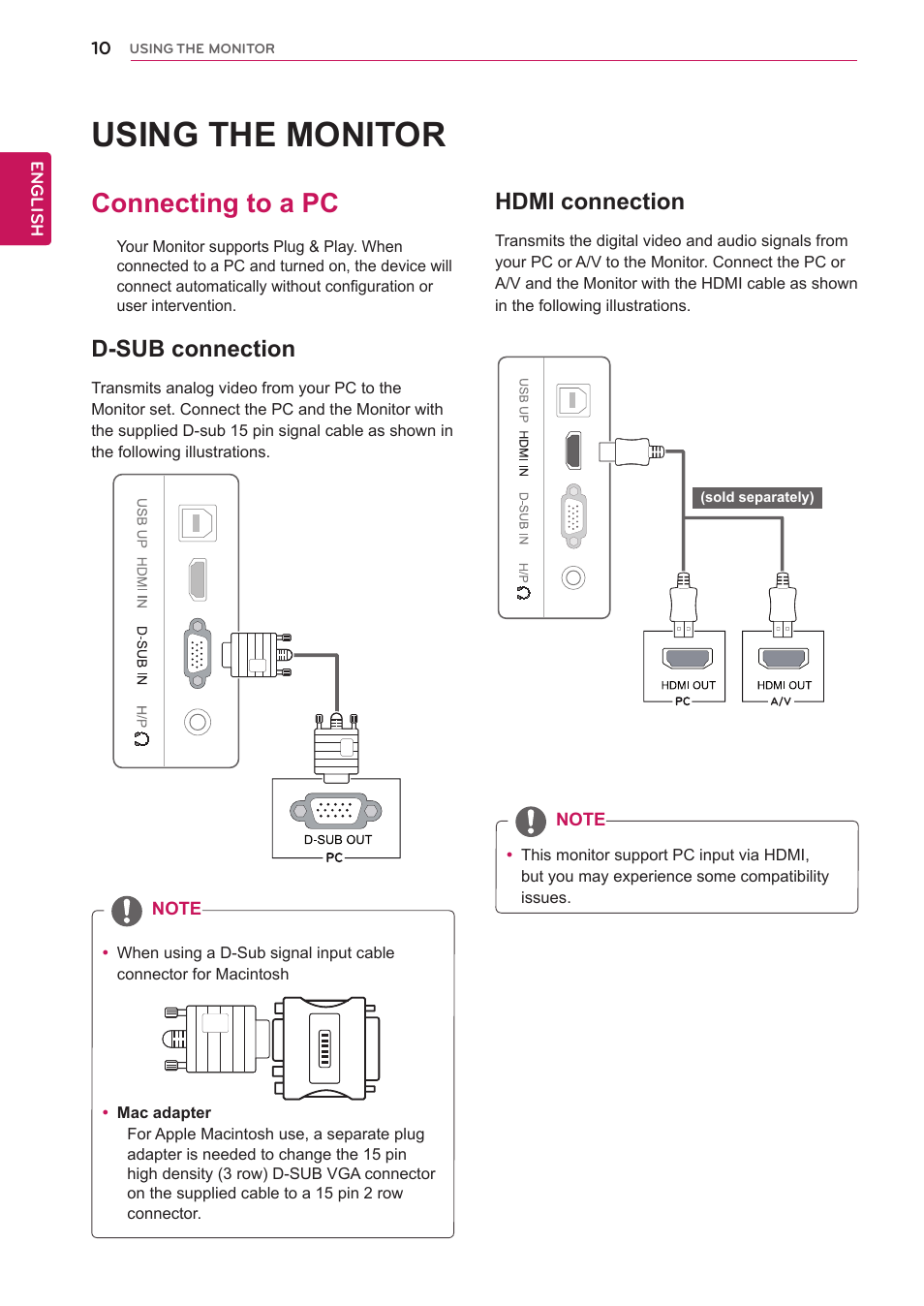 Using the monitor, Connecting to a pc, D-sub connection | Hdmi connection, 10 connecting to a pc 10 | LG 23ET63B-W User Manual | Page 10 / 27