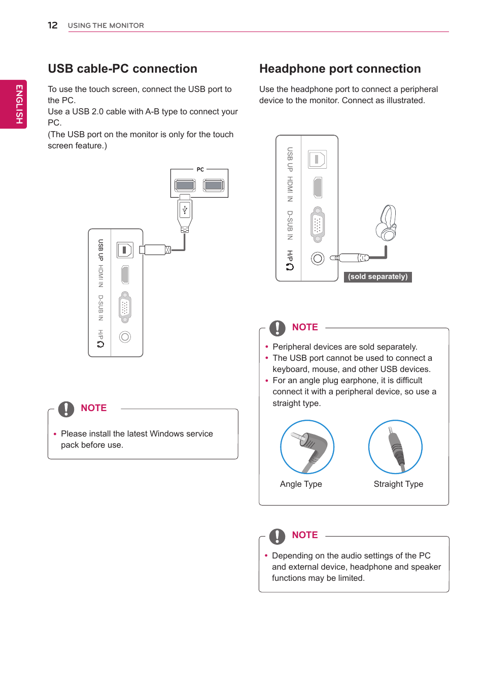 Usb cable-pc connection, Headphone port connection | LG 23ET63B-W User Manual | Page 12 / 27