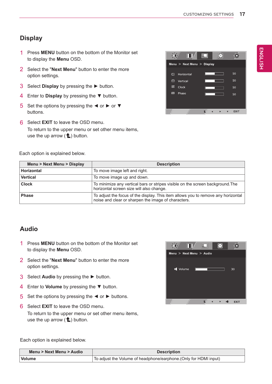 Display, Audio | LG 23ET63B-W User Manual | Page 17 / 27