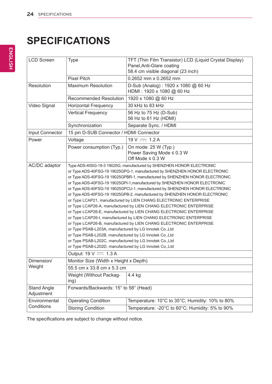 Specifications | LG 23ET63B-W User Manual | Page 24 / 27