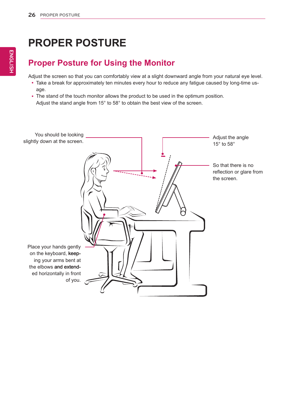 Proper posture, Proper posture for using the monitor, 26 proper posture for using the monitor | LG 23ET63B-W User Manual | Page 26 / 27