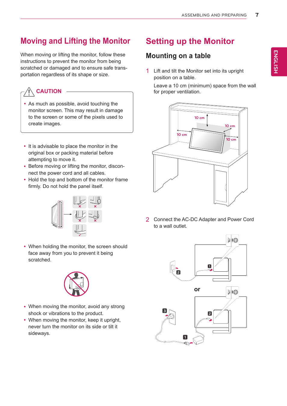 Moving and lifting the monitor, Setting up the monitor, Mounting on a table | LG 23ET63B-W User Manual | Page 7 / 27