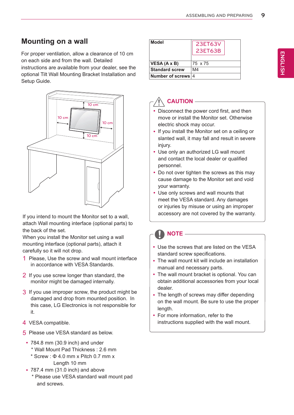 Mounting on a wall | LG 23ET63B-W User Manual | Page 9 / 27