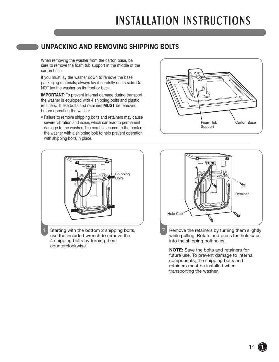 Unpacking and removing shipping bolts 11 | LG WM2601HL User Manual | Page 11 / 108