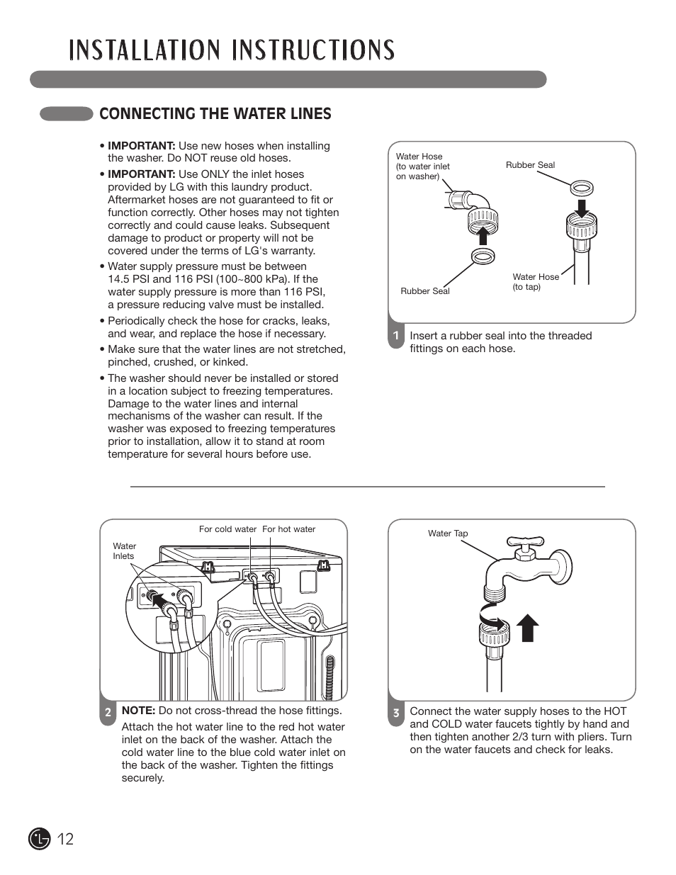 Connecting the water lines | LG WM2601HL User Manual | Page 12 / 108