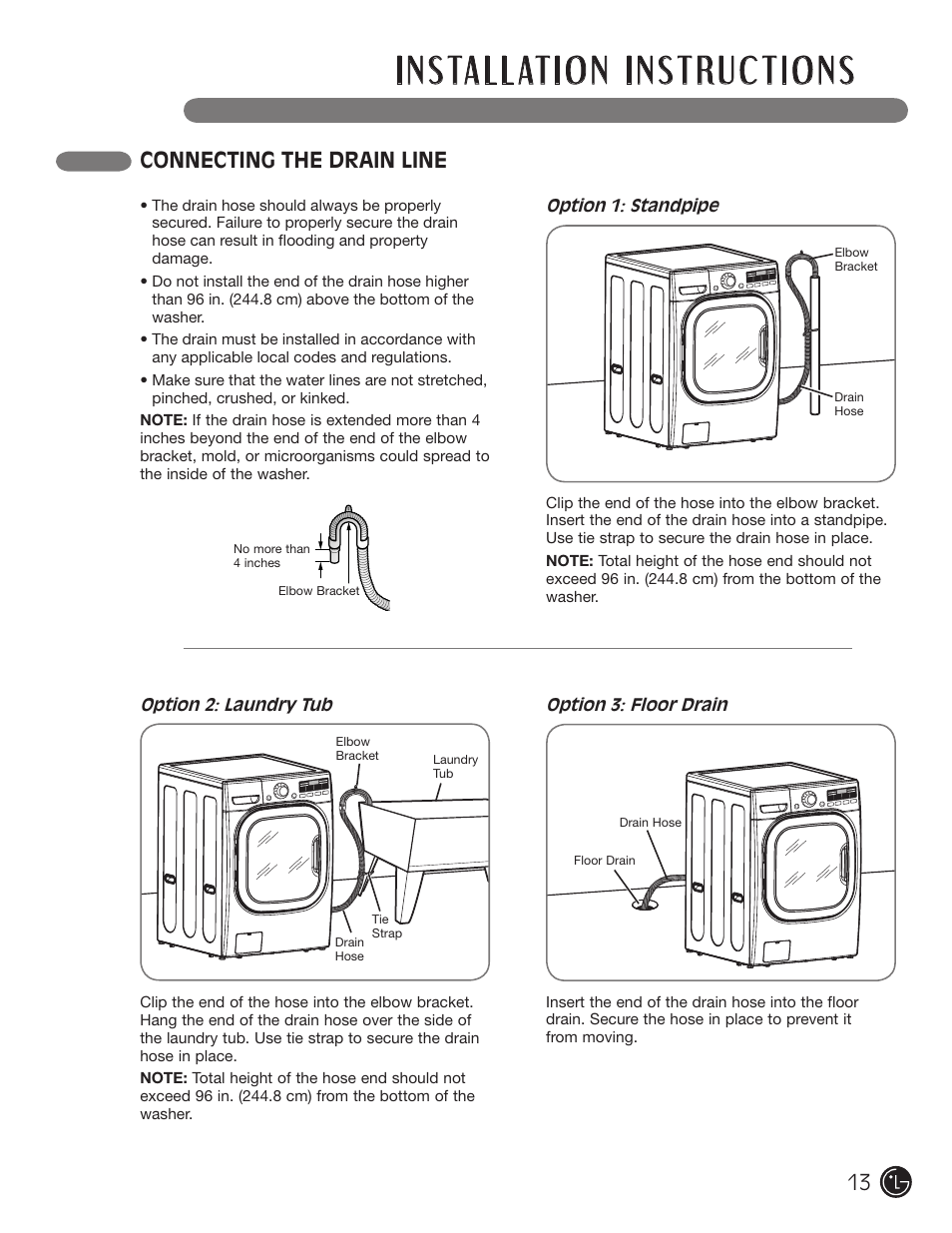 Connecting the drain line | LG WM2601HL User Manual | Page 13 / 108