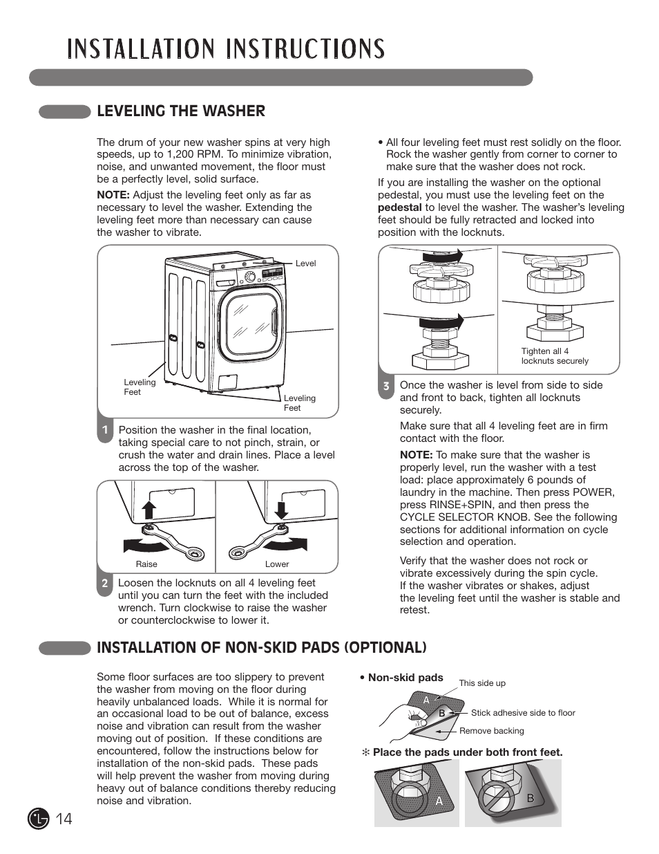 Leveling the washer, Installation of non-skid pads (optional) | LG WM2601HL User Manual | Page 14 / 108