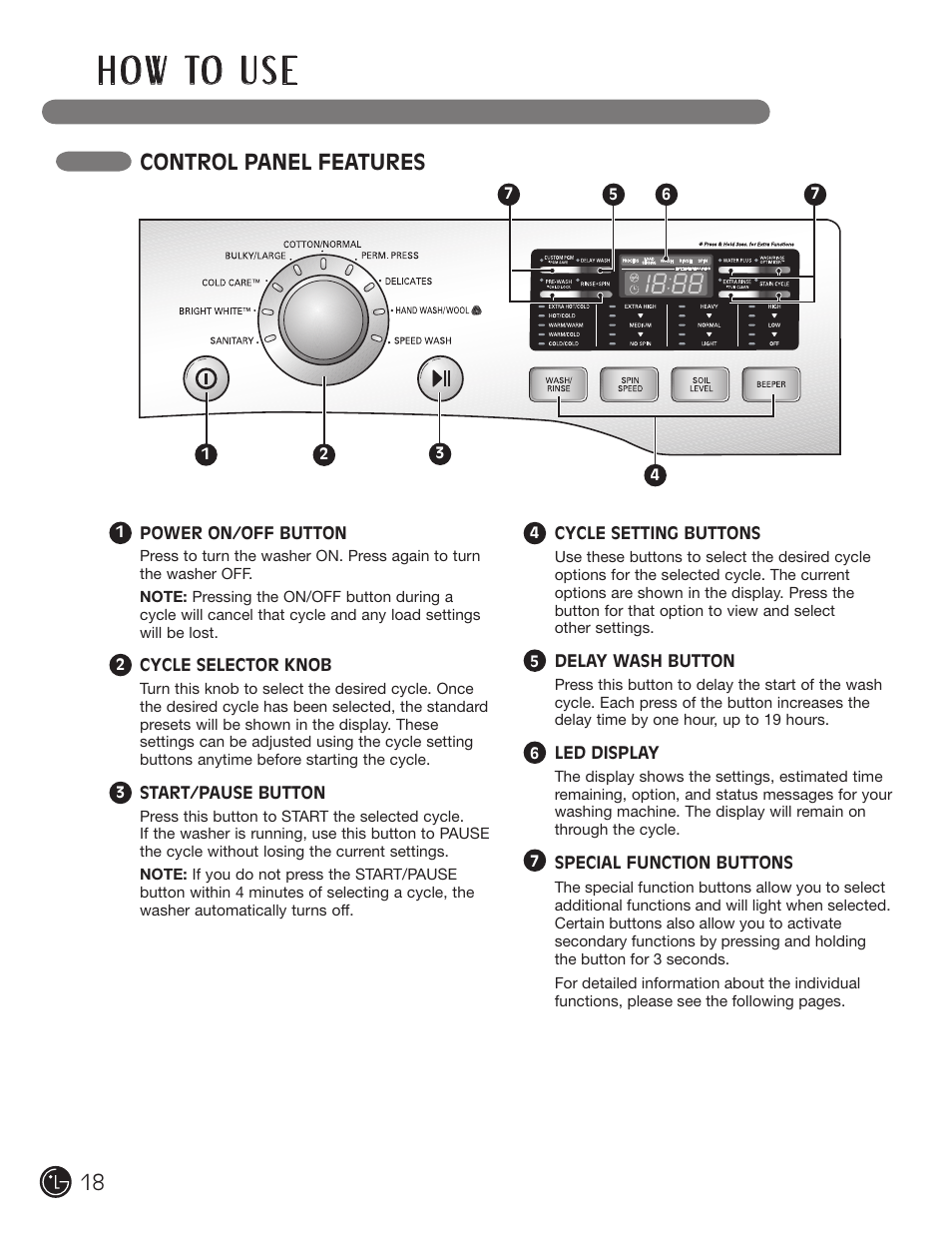 H o w to u s e, Control panel features | LG WM2601HL User Manual | Page 18 / 108