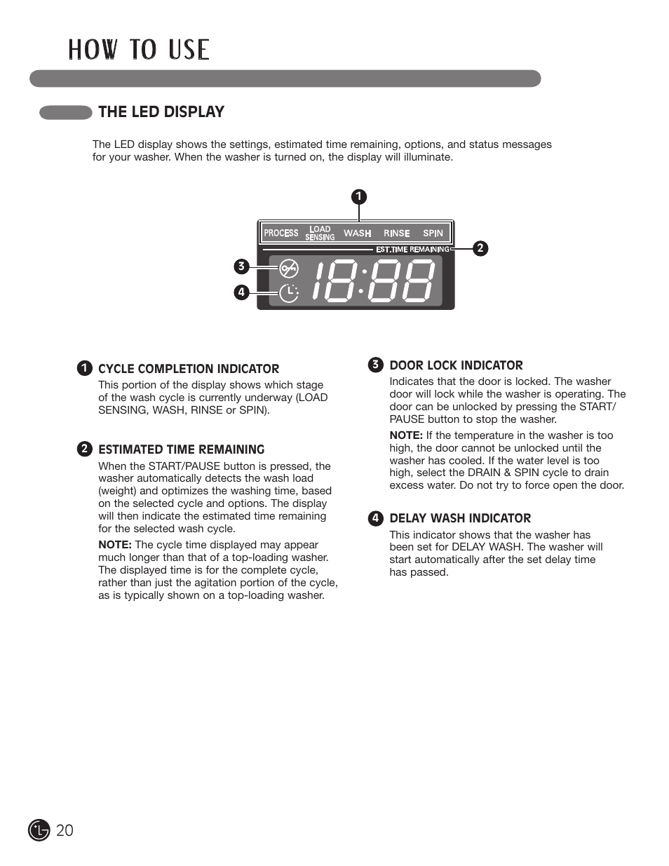 H o w to u s e, The led display 0 | LG WM2601HL User Manual | Page 20 / 108